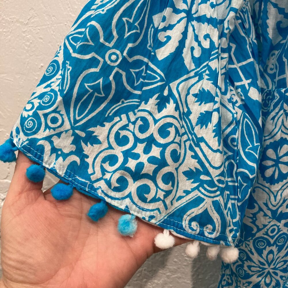 Siya Button up Dress Tiered Floral Beaded Pom Pom Hem Boho Cottagecore Blue L? - Picture 7 of 15